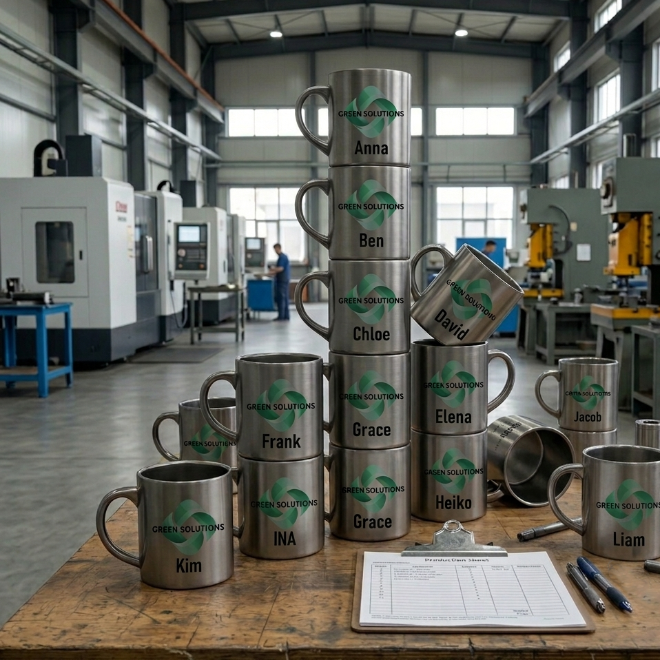 Metalen RVS industriële mokken met namen en logo