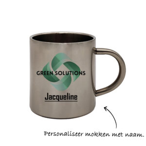 Metalen RVS mok voor bedrijven gepersonaliseerd met namen