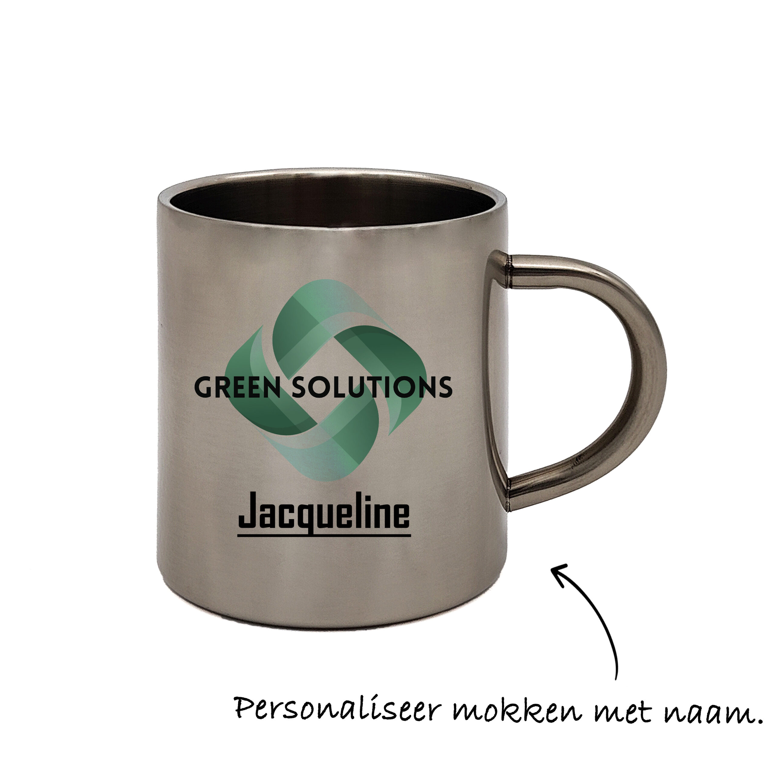 Metalen RVS mok voor bedrijven gepersonaliseerd met namen