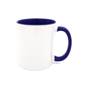 Donkerblauwe navy kleur aan de binnenkant en het oor van de mok die je zelf kan bedrukken.