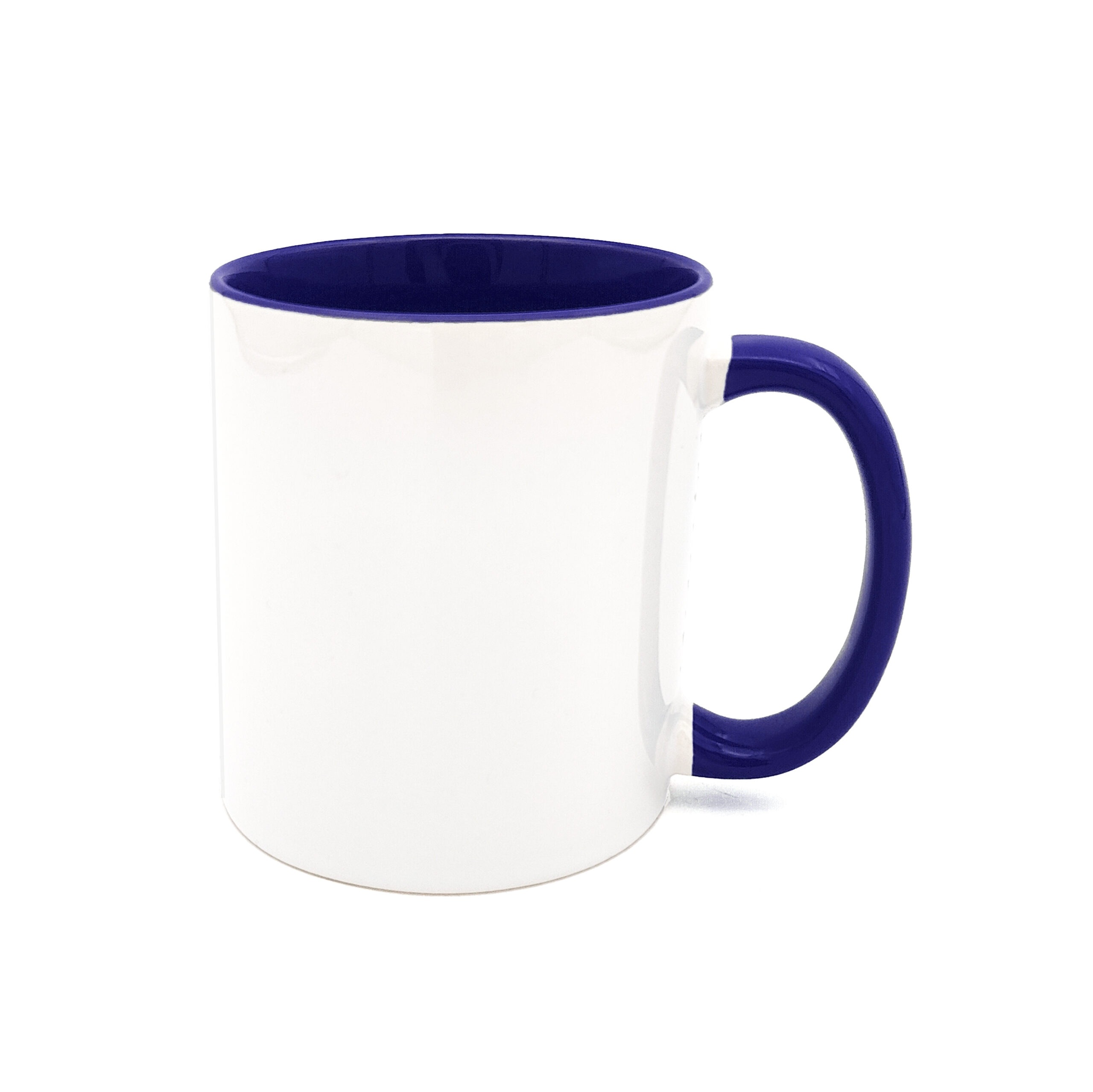 Donkerblauwe navy kleur aan de binnenkant en het oor van de mok die je zelf kan bedrukken.